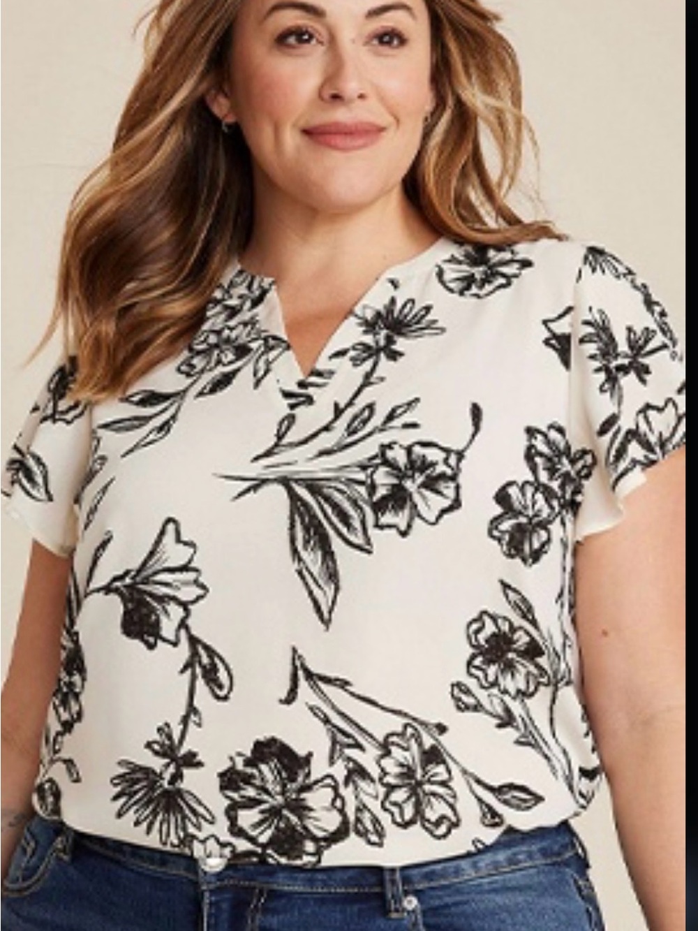 Women's Black & White Floral Split-Neck Top